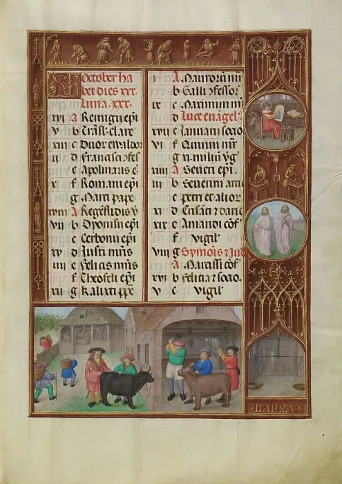 Framed Print : October Calendar Page: Slaughtering and Ox and Grape Harvesting: Libra, about 1510-20. Creator: Workshop of the Master of James IV of Scotland Framed Print : October Calendar Page: Slaughtering and Ox and Grape Harvesting: Libra, about 1510-20. Creator: Workshop of the Master of James IV of Scotland