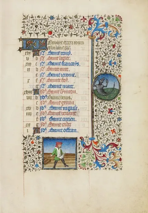 Framed Print : October Calendar Page: Sowing: Scorpio; Book of Hours, about 1440-1450. Creator: Workshop of the Bedford Master Framed Print : October Calendar Page: Sowing: Scorpio; Book of Hours, about 1440-1450. Creator: Workshop of the Bedford Master