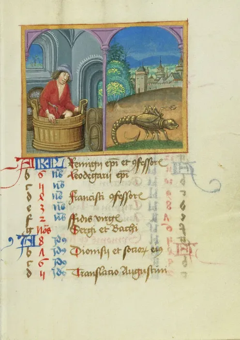 Framed Print : October Calendar Page; Treading Grapes; Scorpio; Book of Hours, early 16th century. Creator: Unknown Framed Print : October Calendar Page; Treading Grapes; Scorpio; Book of Hours, early 16th century. Creator: Unknown