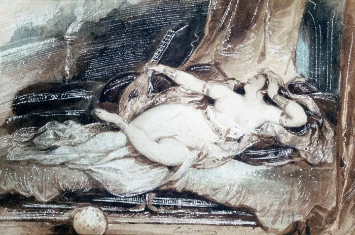 Framed Print : Odalisque Couchee, c1815-1865. Artist: Eugene Deveria Framed Print : Odalisque Couchee, c1815-1865. Artist: Eugene Deveria