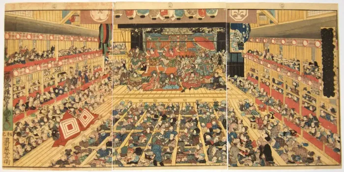 Framed Print : Odori-keiyo Edo-e no Sakae: Theatre interior with Shibaraku performance, 1858. Artist: Kunisada (Toyokuni III), Utagawa (1786-1865) Framed Print : Odori-keiyo Edo-e no Sakae: Theatre interior with Shibaraku performance, 1858. Artist: Kunisada (Toyokuni III), Utagawa (1786-1865)