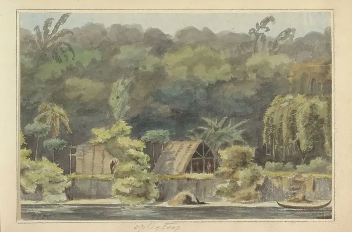 Framed Print : Oeman Kondre on the Marowijne river, 1850. Creator: Jacob van Geffen Framed Print : Oeman Kondre on the Marowijne river, 1850. Creator: Jacob van Geffen