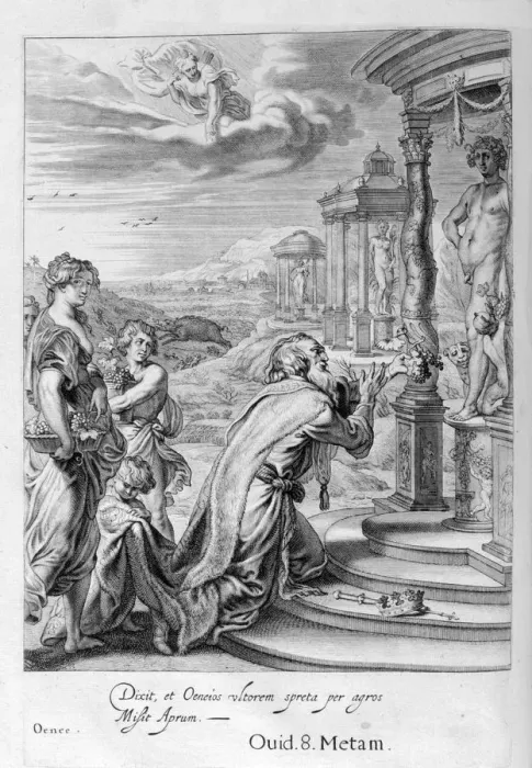Framed Print : Oeneus, King of Calydon, having neglected Diana in a sacrifice is punished for his impiety, 1655. Artist: Michel de Marolles Framed Print : Oeneus, King of Calydon, having neglected Diana in a sacrifice is punished for his impiety, 1655. Artist: Michel de Marolles
