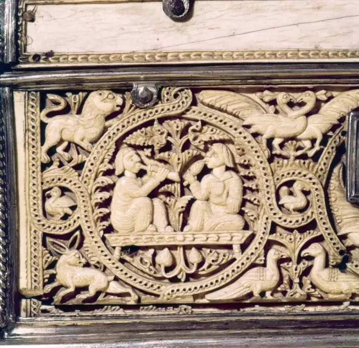 Framed Print : Detail of front of Ivory Casket, Hispano-Arabic work, Cordoba, 11th centur Framed Print : Detail of front of Ivory Casket, Hispano-Arabic work, Cordoba, 11th centur