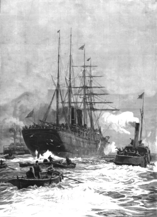 Framed Print : Off to the Antipodes--A P and O'Steamer going down the Thames, 1888. Creator: Unknown Framed Print : Off to the Antipodes--A P and O'Steamer going down the Thames, 1888. Creator: Unknown