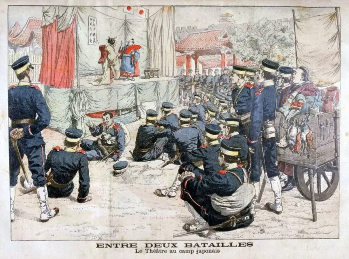 Framed Print : Off duty Japanese soldiers at the theatre in their camp, Russo-Japanese War, 1904