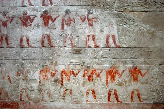 Framed Print : Offering bearers, polychrome relief, Mastaba of Kagemni, Saqqara, Egypt, 2350 BC (2003). Creator: Unknown Framed Print : Offering bearers, polychrome relief, Mastaba of Kagemni, Saqqara, Egypt, 2350 BC (2003). Creator: Unknown