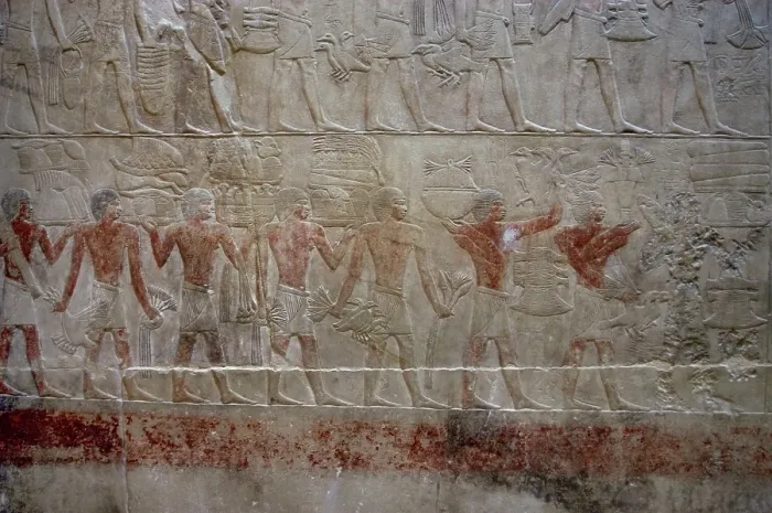 Framed Print : Offering bearers, polychrome relief, Mastaba of Kagemni, Saqqara, Egypt, 2350 BC (2003). Creator: Unknown Framed Print : Offering bearers, polychrome relief, Mastaba of Kagemni, Saqqara, Egypt, 2350 BC (2003). Creator: Unknown