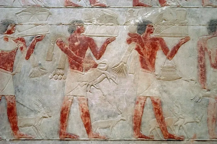 Framed Print : Offering bearers, polychrome relief, Mastaba of Kagemni, Saqqara, Egypt, 2350 BC (2003). Creator: Unknown Framed Print : Offering bearers, polychrome relief, Mastaba of Kagemni, Saqqara, Egypt, 2350 BC (2003). Creator: Unknown