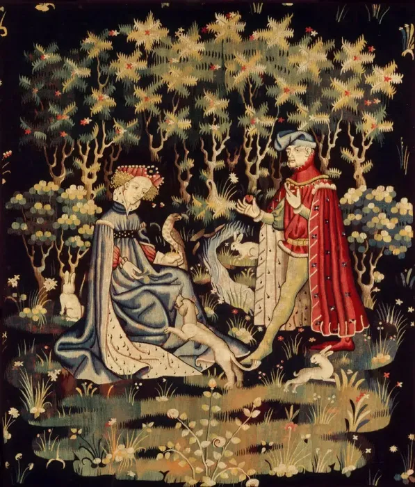Framed Print : The Offering of the Heart (L Offrande du coeur). Tapisserie, ca 1400-1410 Framed Print : The Offering of the Heart (L Offrande du coeur). Tapisserie, ca 1400-1410