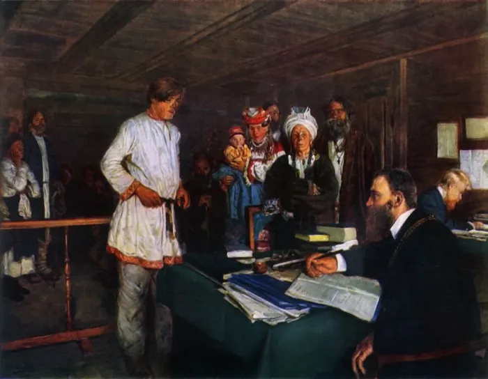 Framed Print : At the Office, late 19th-early 20th century, (1965). Creator: Vladimir Makovsky Framed Print : At the Office, late 19th-early 20th century, (1965). Creator: Vladimir Makovsky