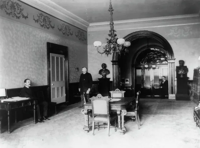 Framed Print : The office lobby in the White House, between 1889 and 1906. Creator: Frances Benjamin Johnston Framed Print : The office lobby in the White House, between 1889 and 1906. Creator: Frances Benjamin Johnston