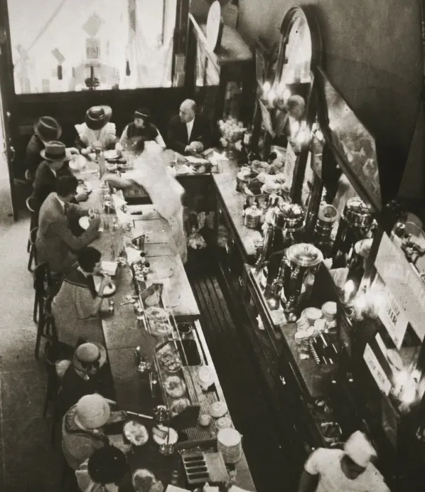 Framed Print : Office workers having lunch at the drug store counter, New York, USA, c1920s-c1930s Framed Print : Office workers having lunch at the drug store counter, New York, USA, c1920s-c1930s