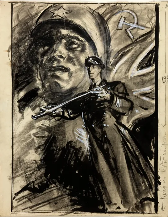 Framed Print : Officer presenting sword; head of Russian soldier with Red Flag and Union Jack, between 1939 & 1946. Creators: Central Office of Information, Unknown Framed Print : Officer presenting sword; head of Russian soldier with Red Flag and Union Jack, between 1939 & 1946. Creators: Central Office of Information, Unknown