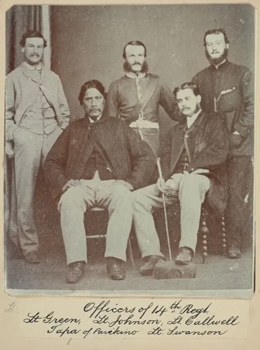 Framed Print : Officers of the 14th Regt. - Lt. Green, Lt. Johnston, Lt. Callwell, Tapa of Parikino... c.1900. Creator: William Francis Gordon Framed Print : Officers of the 14th Regt. - Lt. Green, Lt. Johnston, Lt. Callwell, Tapa of Parikino... c.1900. Creator: William Francis Gordon