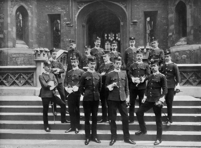 Framed Print : Officers of the 1st Suffolk Regiment at the Tower of London, 1895 (1896). Artist: WW Rouch Framed Print : Officers of the 1st Suffolk Regiment at the Tower of London, 1895 (1896). Artist: WW Rouch