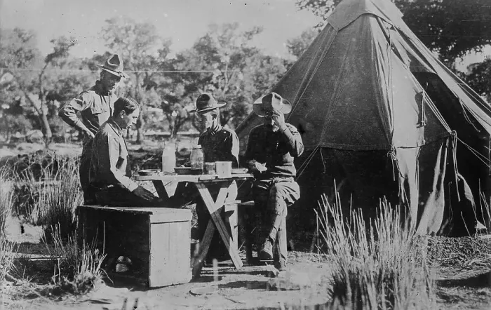 Framed Print : Officers breakfast, Colonia Dublan, between c1915 and c1920. Creator: Bain News Service Framed Print : Officers breakfast, Colonia Dublan, between c1915 and c1920. Creator: Bain News Service
