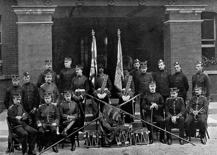 Framed Print : The officers and colours of the 1st Battalion, Royal Scots Fusiliers, 1896. Artist: Wyrall & Son Framed Print : The officers and colours of the 1st Battalion, Royal Scots Fusiliers, 1896. Artist: Wyrall & Son