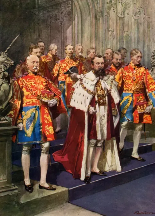Framed Print : Officers of the Heralds College, Coronation ceremony. Artist: Frederic de Haenen Framed Print : Officers of the Heralds College, Coronation ceremony. Artist: Frederic de Haenen