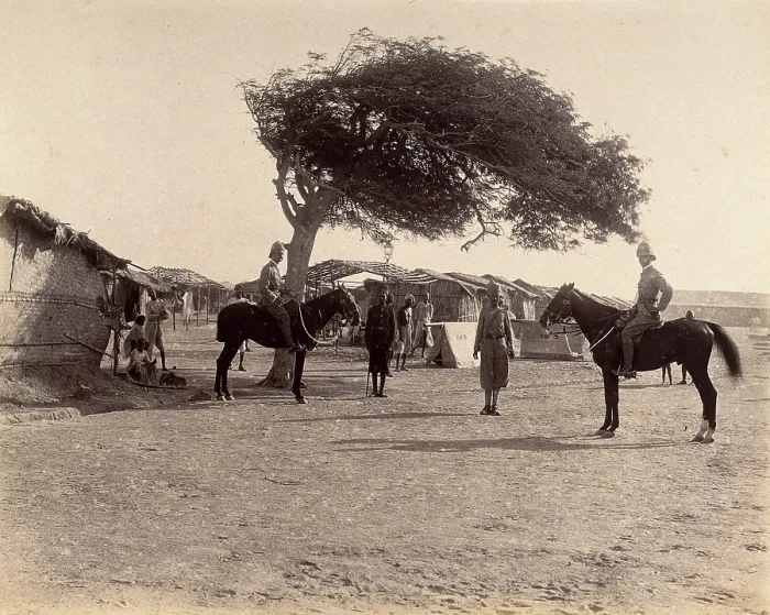 Framed Print : Officers on horseback in the Nusserpuri camp, set up as part of the Karachi Plague... 1897. Creator: Unknown Framed Print : Officers on horseback in the Nusserpuri camp, set up as part of the Karachi Plague... 1897. Creator: Unknown