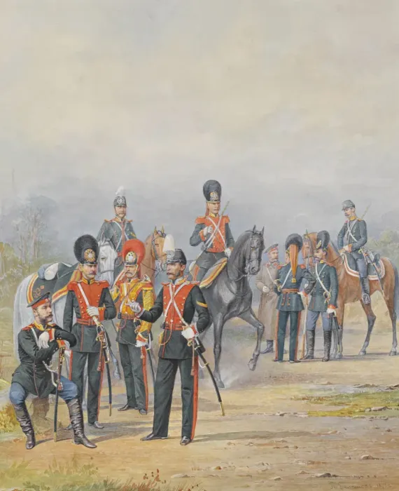 Framed Print : Officers and Soldiers of the Life-Guards Dragoon Regiment, 1873. Artist: Balashov, Pyotr Ivanovich (?-1888) Framed Print : Officers and Soldiers of the Life-Guards Dragoon Regiment, 1873. Artist: Balashov, Pyotr Ivanovich (?-1888)