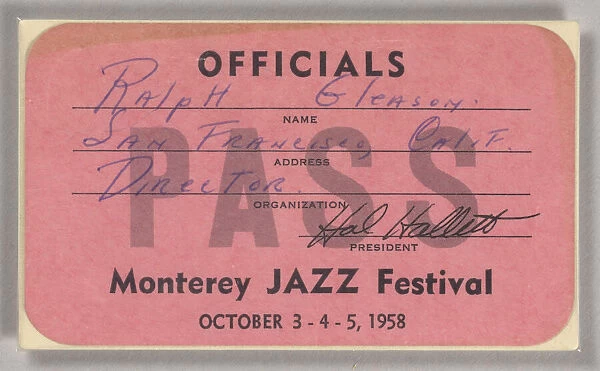 Official pass for the Monterey Jazz Festival, 1958. Creator: Unknown
