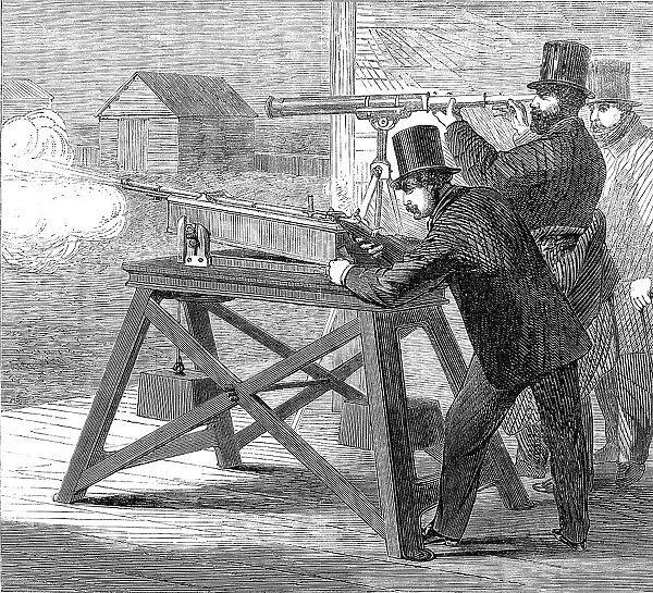 Official trial of small-bore rifles on Plumstead Marshes: the rifle-rest, 1862. Creator: Unknown