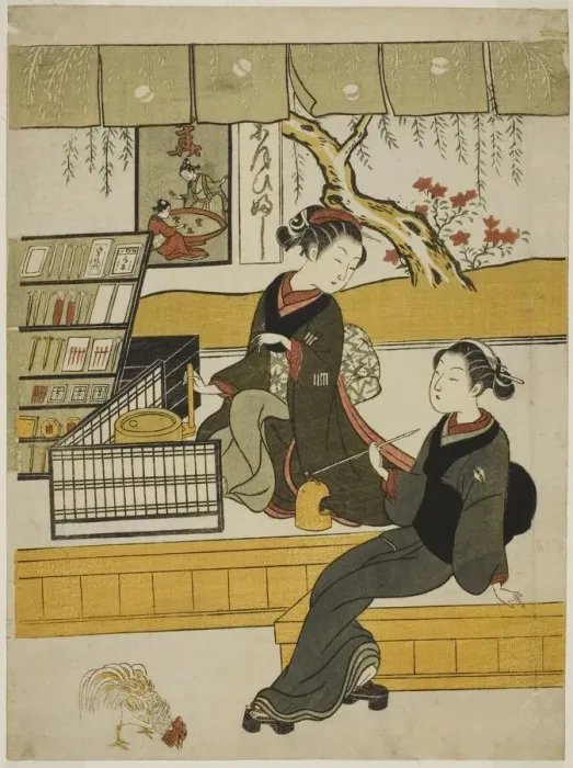 Framed Print : Ofuji, the Shop Girl of the Motoyanagiya, with a Customer, c. 1769 Framed Print : Ofuji, the Shop Girl of the Motoyanagiya, with a Customer, c. 1769