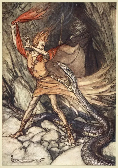 Framed Print : Ohe! Ohe! Horrible dragon, O swallow me not! Spare the life of poor Loge!, 1910 Framed Print : Ohe! Ohe! Horrible dragon, O swallow me not! Spare the life of poor Loge!, 1910