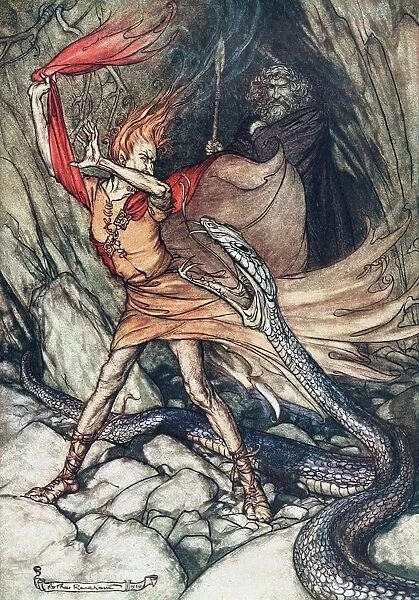 Ohe! Ohe! Terrible dragon, oh, swallow me not! Illustration for The Rhinegold and The Valkyrie by Artist: Rackham, Arthur (1867-1939)