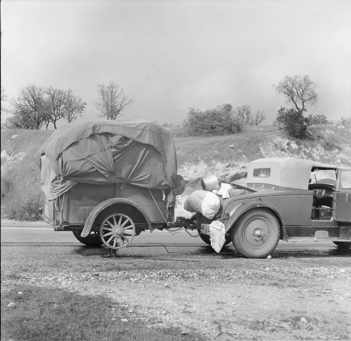 Framed Print : An oil worker builds himself a trailer and takes to the road, California, 1936. Creator: Dorothea Lange Framed Print : An oil worker builds himself a trailer and takes to the road, California, 1936. Creator: Dorothea Lange