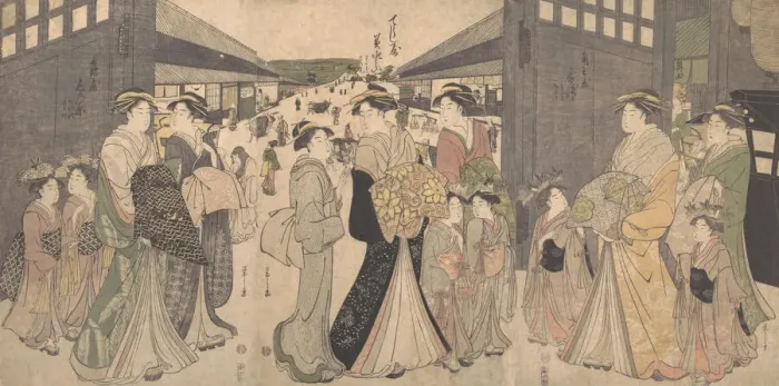 Framed Print : Oiran and Attendants at the O Mon or Great Gate of the Yoshiwara, ca. 1794 Framed Print : Oiran and Attendants at the O Mon or Great Gate of the Yoshiwara, ca. 1794