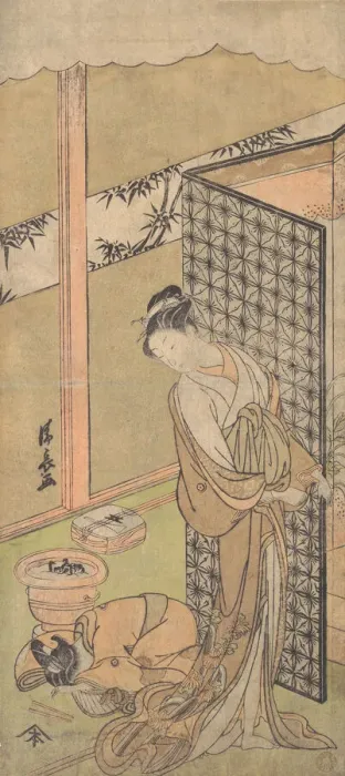Framed Print : An Oiran in Night Attire, pausing, with one Hand on the Screen that Surrounds Her Bed Framed Print : An Oiran in Night Attire, pausing, with one Hand on the Screen that Surrounds Her Bed