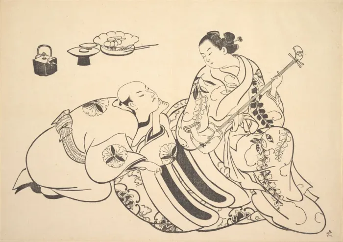 Framed Print : An Oiran Playing the Shamisen to a Young Man Kneeling by Her Side in Rapt Attention Framed Print : An Oiran Playing the Shamisen to a Young Man Kneeling by Her Side in Rapt Attention
