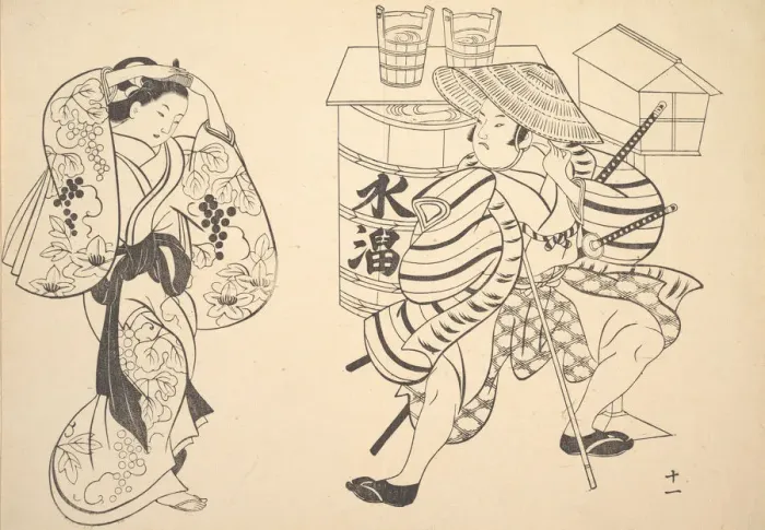 Framed Print : An Oiran Rearranging Her Hair in the Street while a Young Samurai Looks Framed Print : An Oiran Rearranging Her Hair in the Street while a Young Samurai Looks