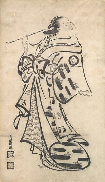 An Oiran Standing, a Pipe in Her right Hand, and Turning to Look Behind over Her Shoul