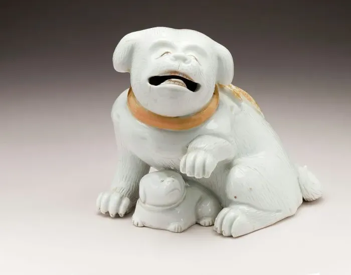 Framed Print : Okimono in the Form of a Dog with Ruffled Collar and a Puppy, 19th century. Creator: Unknown Framed Print : Okimono in the Form of a Dog with Ruffled Collar and a Puppy, 19th century. Creator: Unknown