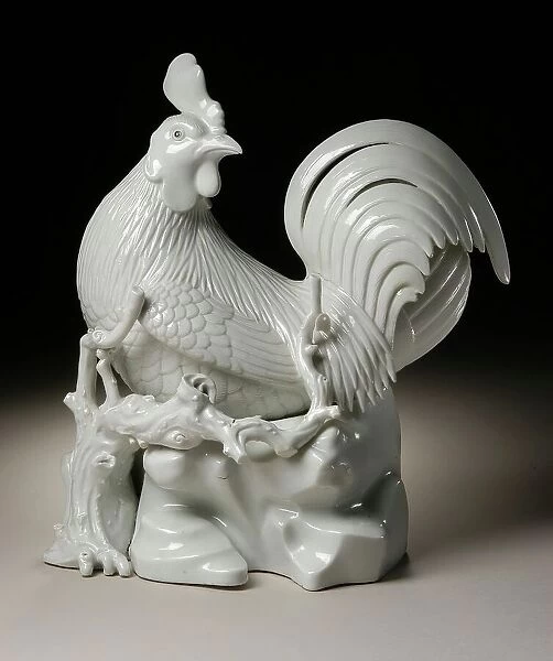Okimono in the Form of a Seated Cockerel on a Branch and Rockery, 19th century. Creator: Unknown
