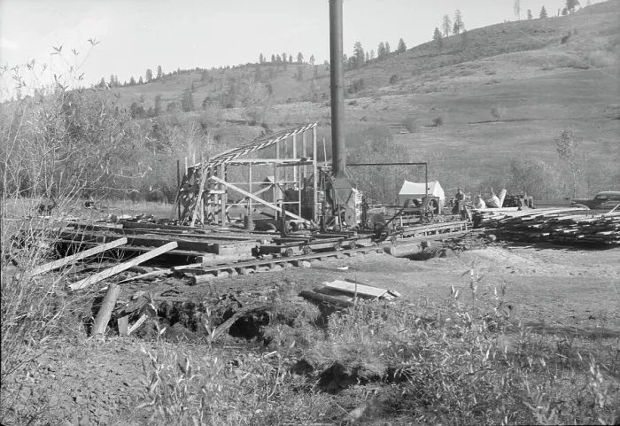 Framed Print : Ola self-help sawmill under construction, Idaho, 1939. Creator: Dorothea Lange Framed Print : Ola self-help sawmill under construction, Idaho, 1939. Creator: Dorothea Lange