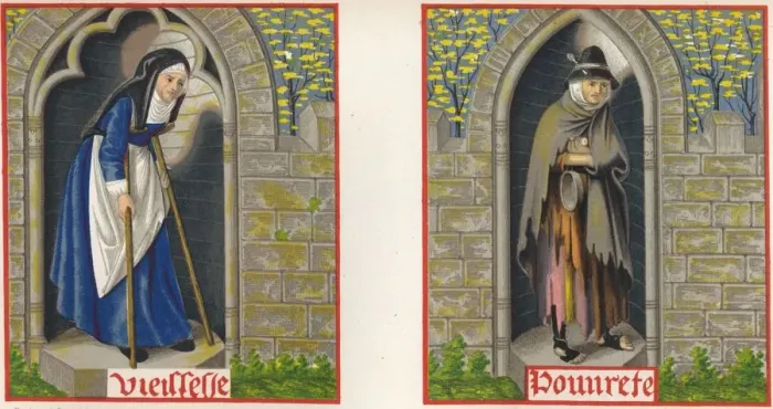 Framed Print : Old age and poverty, 15th century, (1849). Creator: H Moulin Framed Print : Old age and poverty, 15th century, (1849). Creator: H Moulin
