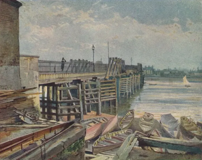 Framed Print : Old Battersea Bridge, From The North Bank, looking across the River Thames, London, 1885 (1926). Artist: John Crowther Framed Print : Old Battersea Bridge, From The North Bank, looking across the River Thames, London, 1885 (1926). Artist: John Crowther