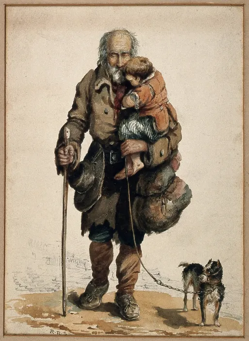Framed Print : An old blind man holding a child walks guided by his stick and dog. Creator: Unknown Framed Print : An old blind man holding a child walks guided by his stick and dog. Creator: Unknown