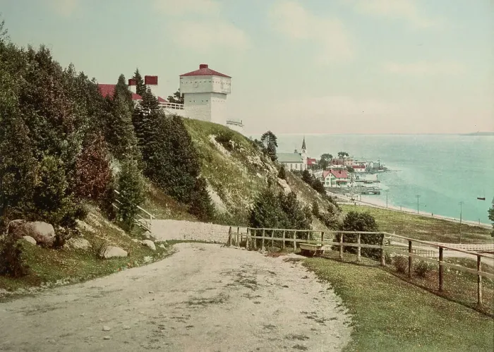 Framed Print : Old Block House [Fort Mackinac] and harbor, Mackinac Island, Michigan, c1899. Creator: Unknown