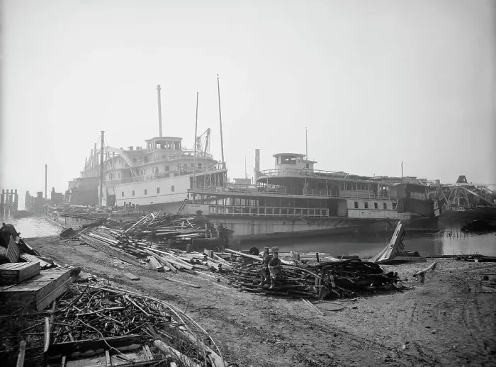 Framed Print : Old boats beached to rot away, New York City, between 1900 and 1910. Creator: Unknown Framed Print : Old boats beached to rot away, New York City, between 1900 and 1910. Creator: Unknown