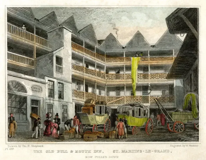 Framed Print : The old Bull and Mouth Inn, St Martins le Grand, City of London, 1831. Artist: W Watkins Framed Print : The old Bull and Mouth Inn, St Martins le Grand, City of London, 1831. Artist: W Watkins