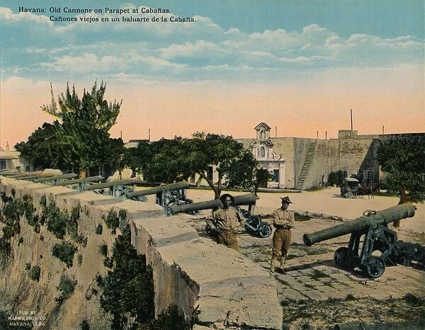 Old cannons on a parapet at La Cabana Fortress, Havana, Cuba, c1920