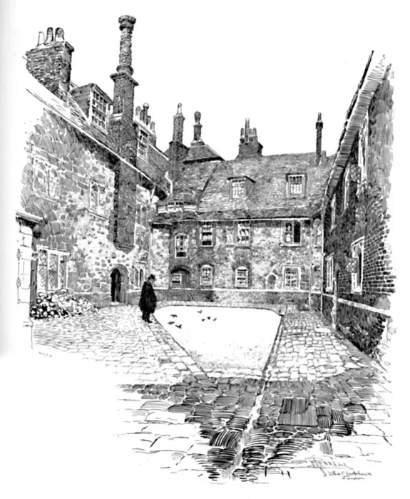 Framed Print : Old Charterhouse: In Washhouse Court, 1886. Artist: Joseph Pennell Framed Print : Old Charterhouse: In Washhouse Court, 1886. Artist: Joseph Pennell