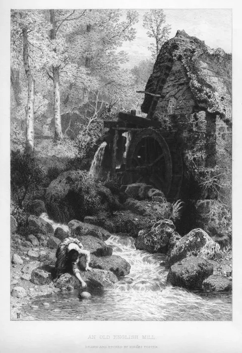 Framed Print : An old English mill, 19th century. Artist: Birket Foster Framed Print : An old English mill, 19th century. Artist: Birket Foster