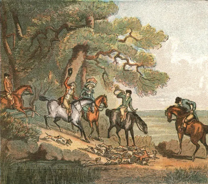 Framed Print : Old Fashioned Sporting Pictures, and the Road to Bygone Days; Fox Hunting -1887--The Kill, 1890. Creator: Thomas Rowlandson Framed Print : Old Fashioned Sporting Pictures, and the Road to Bygone Days; Fox Hunting -1887--The Kill, 1890. Creator: Thomas Rowlandson