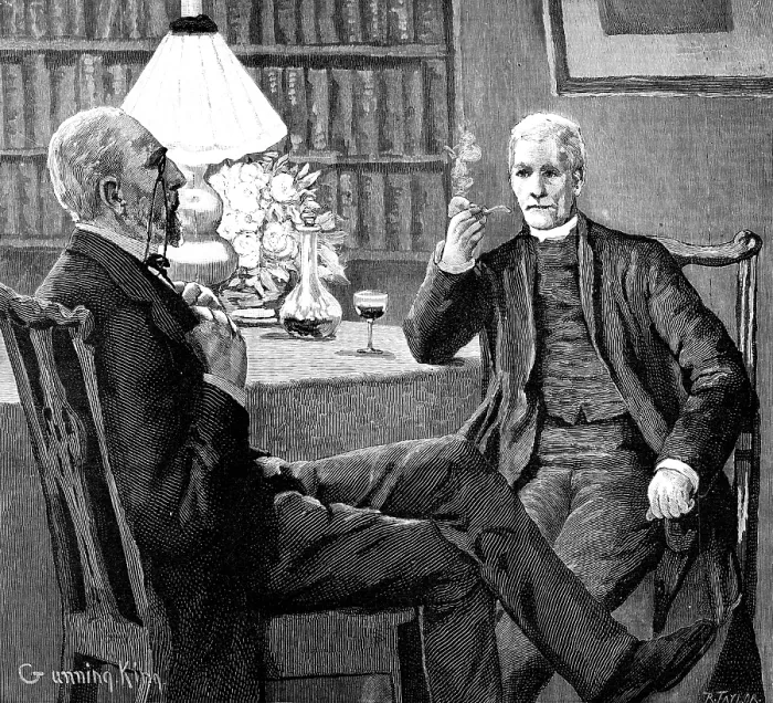 Framed Print : So these two old friends sat down, and lit their pipes, and talked together, heart...to heart, 1883. Creator: R. Taylor